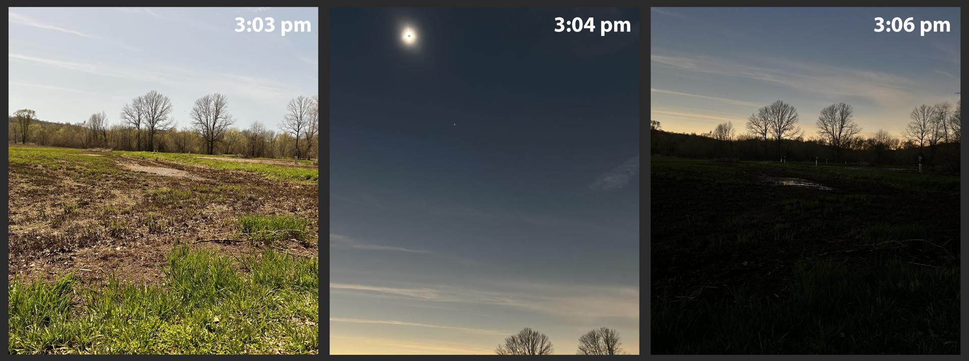 Fotografías tomadas en uno de los emplazamientos de campo del laboratorio Rosvall (Indiana), un minuto antes del momento de máxima totalidad (izq) y durante el momento de máxima totalidad (central y derecho). Crédito: Kimberly Rosvall, Indiana University