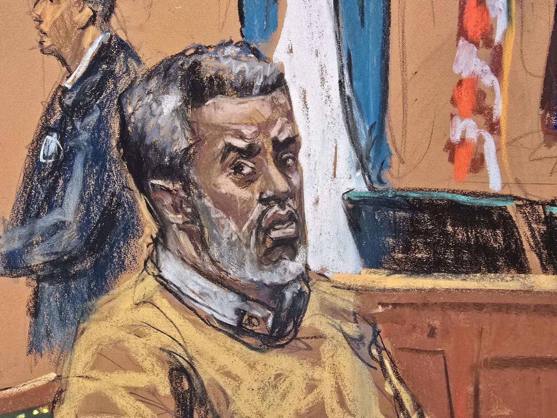 Fotografía de un dibujo realizado por la artista Jane Rosenberg donde aparece el rapero Sean Combs 'Diddy' esperando su sentencia durante el juicio realizado este viernes, en un tribunal de Nueva York. EFE/Jane Rosenberg