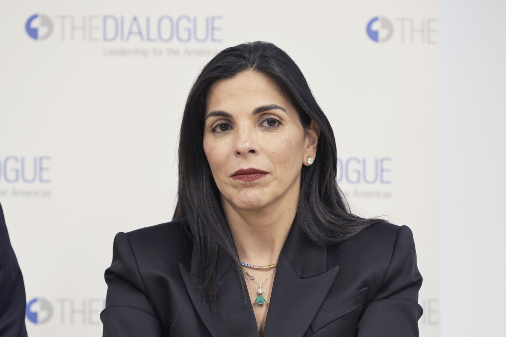 La presidenta del consejo de directores de la Cámara Americana de Comercio de República Dominicana (AMCHAMDR), Francesca Rainieri, habla en un conversatorio de la Semana Dominicana este lunes, en el laboratorio de ideas Dialogo Interamericano en Washington (EE.UU). EFE/ Lenin Nolly
