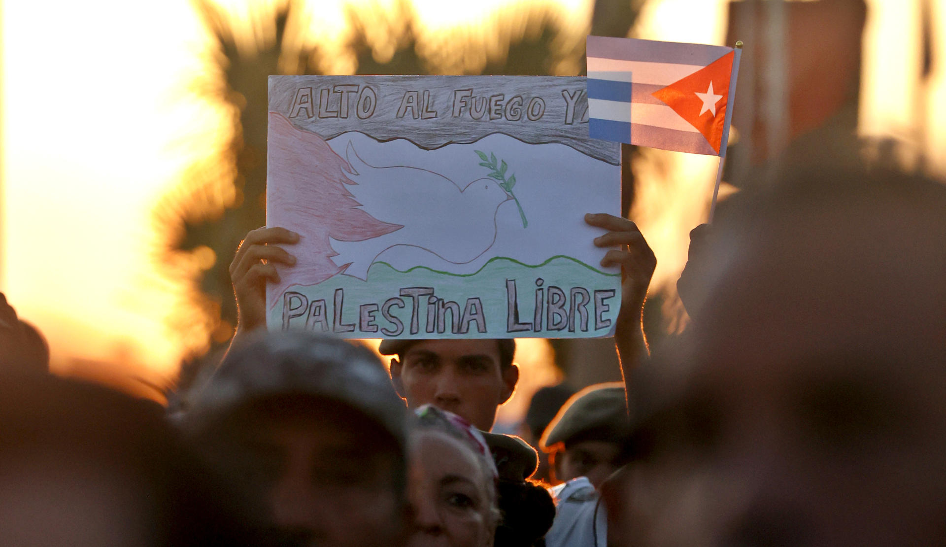 Una persona muestra un cartel solidarizándose con Palestina durante un acto este jueves, en La Habana (Cuba). EFE/Ernesto Mastrascusa