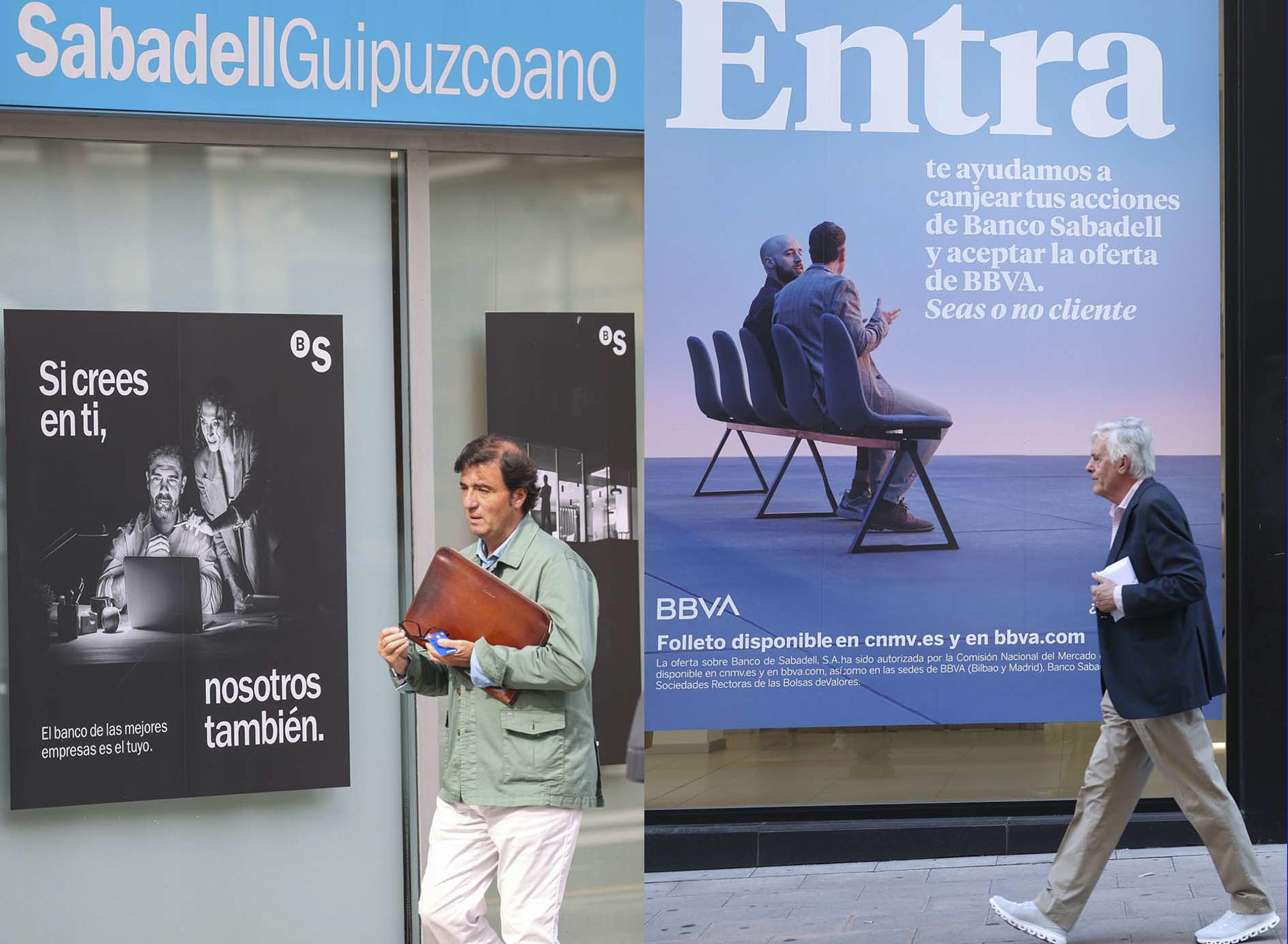 Carteles en sucursales del Sabadell y BBVA respectivamente en alusión a la OPA lanzada por BBVA. El consejero delegado del Banco Sabadell, César González-Bueno, ha afirmado este viernes que tras reunirse con inversores en Londres ve "imposible" que la opa del BBVA supere el 50 % de aceptación en su primer intento.EFE/Luis Tejido