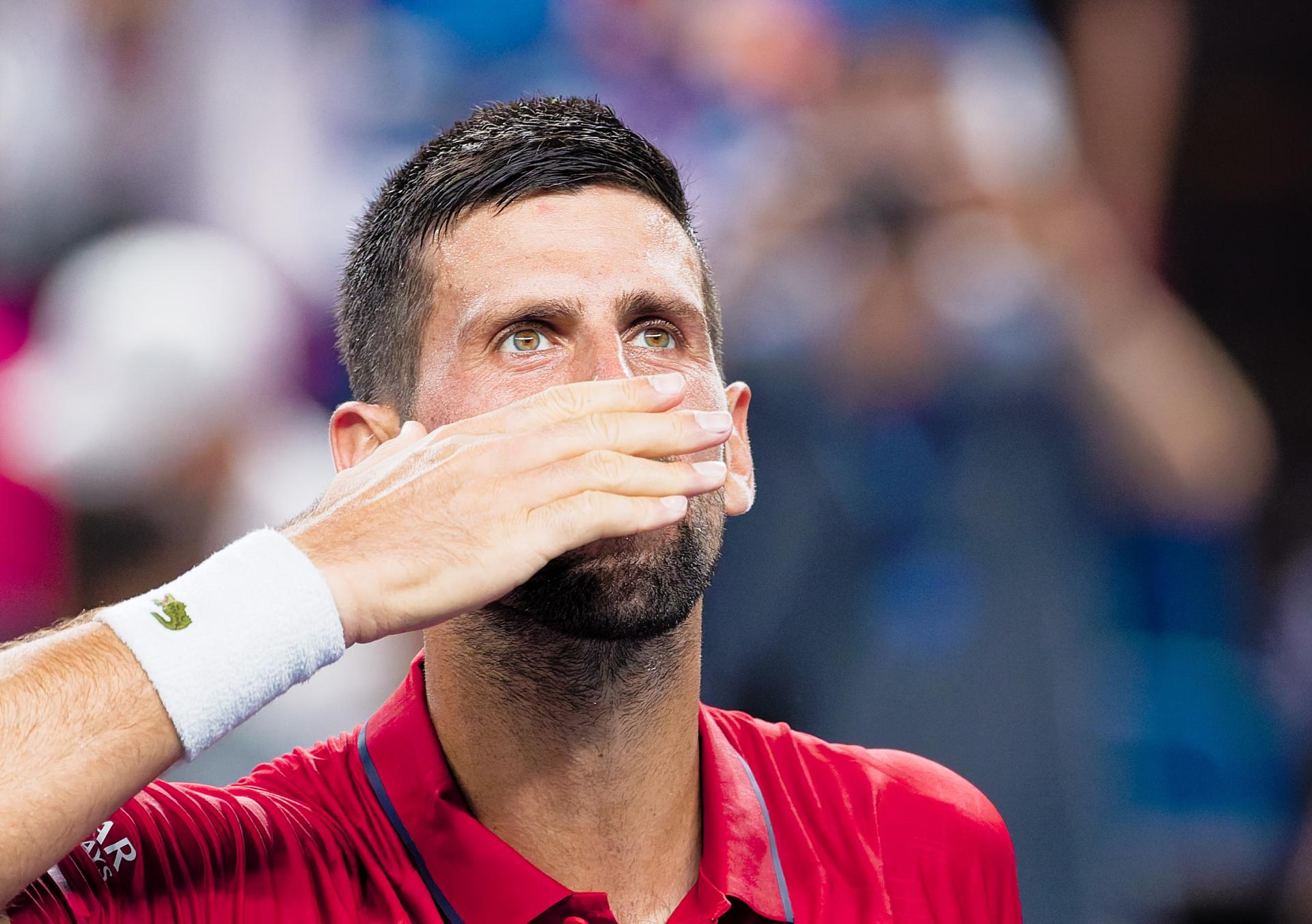 Shanghai (China), 05/10/2025.- Novak Djokovic of Serbia reacts after winning his Men's Singles match against Yannick Hanfmann of Germanyat the Shanghai Masters tennis tournament in Shanghai, China, 05 October 2025. (Tenis) EFE/EPA/ALEX PLAVEVSKI
