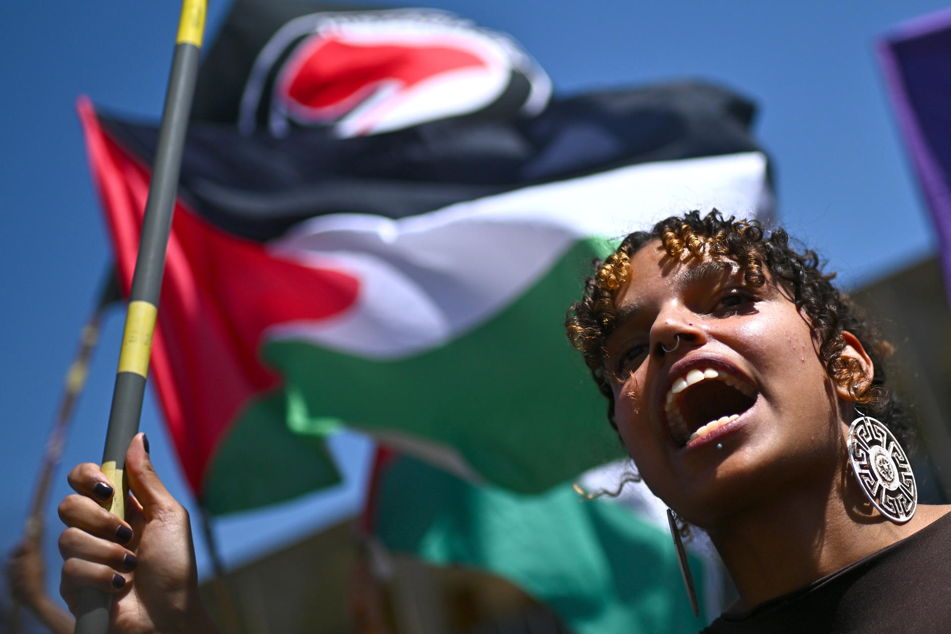 Una persona protesta por la liberación de la Flotilla Global Sumud, que se dirigía a Gaza con ayuda humanitaria, este jueves en Brasilia (Brasil). EFE/ Andre Borges
